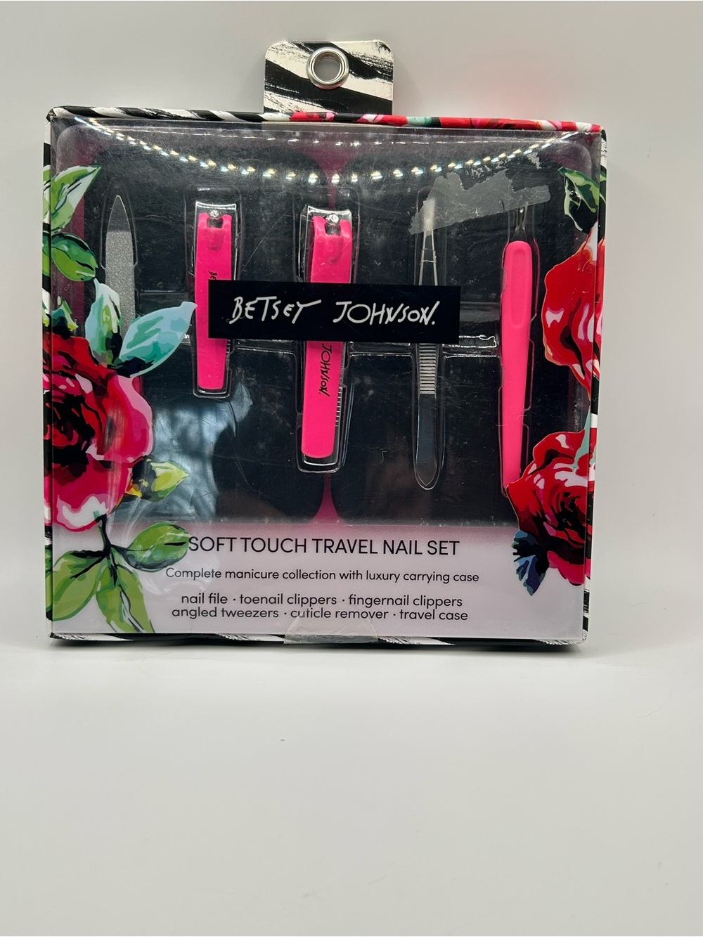 Betsey Johnson Neon Pink Soft Touch Travel Nail Set with Floral Case